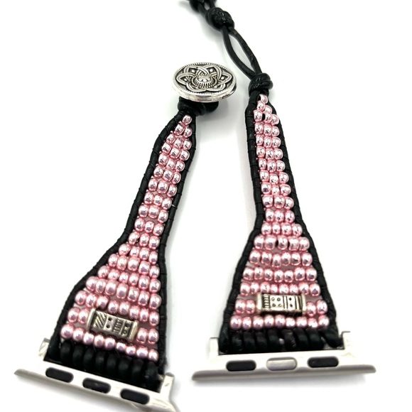 HAND CRAFTED Pink Beaded Leather Apple Watch Strap - Picture 5 of 8